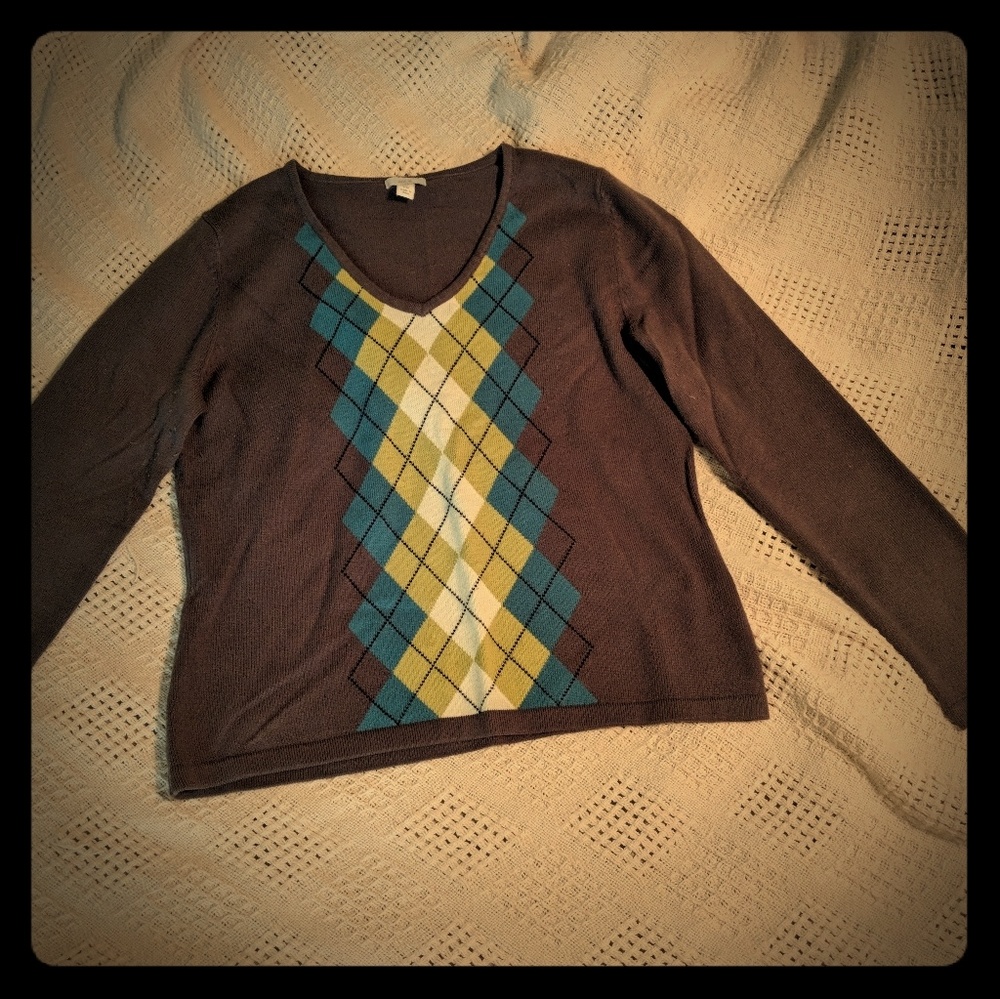 Lime green, aqua blue and gray argyle sweater